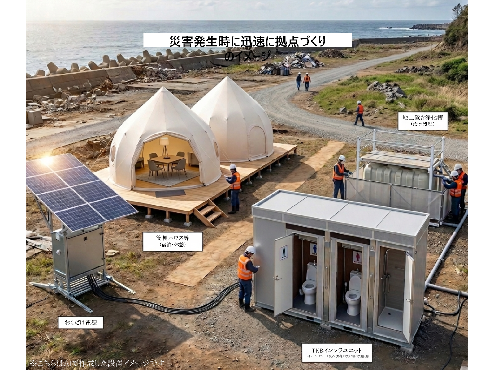 災害発生時に迅速に拠点をつくるためのおくだけ電源、TKBインフラユニット、地上置き浄化槽、簡易ハウスの設置イメージ