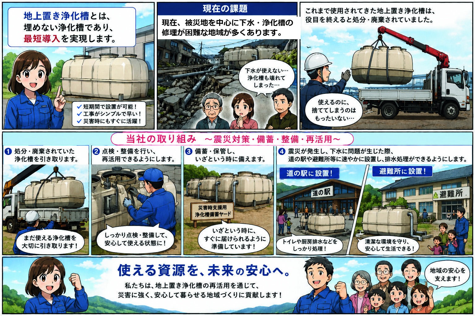 地上置き浄化槽の再活用を紹介する漫画。廃棄される浄化槽を引き取り、点検・整備・備蓄し、災害時やインフラが整っていない場所で活用する流れを示している。